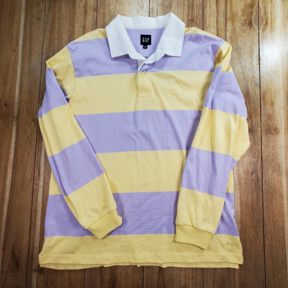 Vintage GAP Rugby Shirt Mens Large Yellow Purple Striped Long Sleeve Cotton Polo - Picture 2 of 8